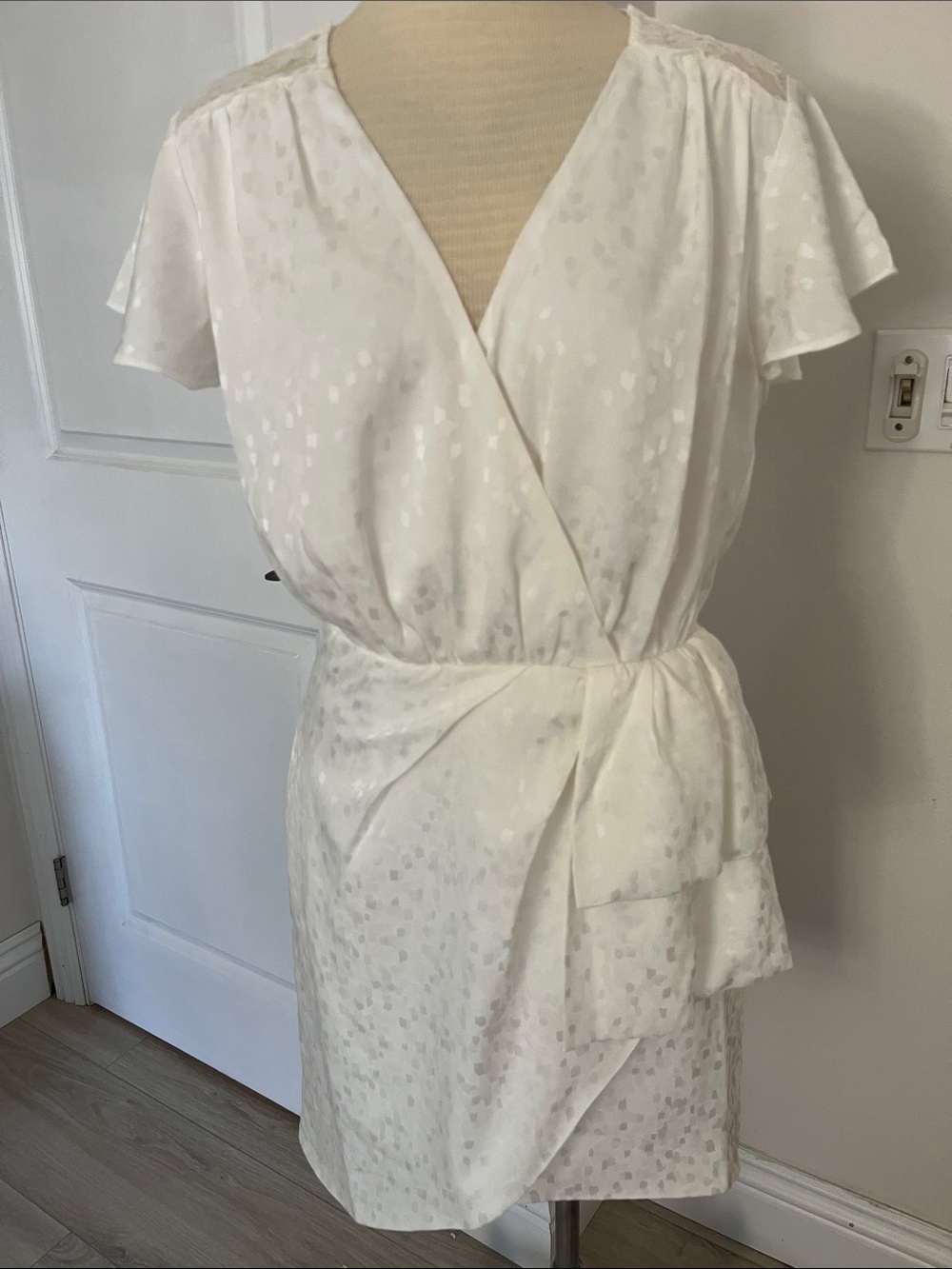 Elliatt Ivory Wrap-Style Dress with Jacquard Dot Texture
